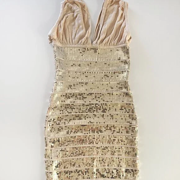 Arden B. Gold sequin beige stretchy knit bodycon dress SM - Picture 2 of 7